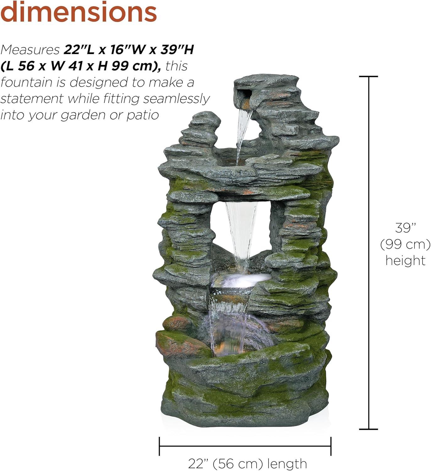 Alpine Corporation 39" Stacked Stone Rainforest Fountain: Polyresin, LED-Lit, Outdoor Decor