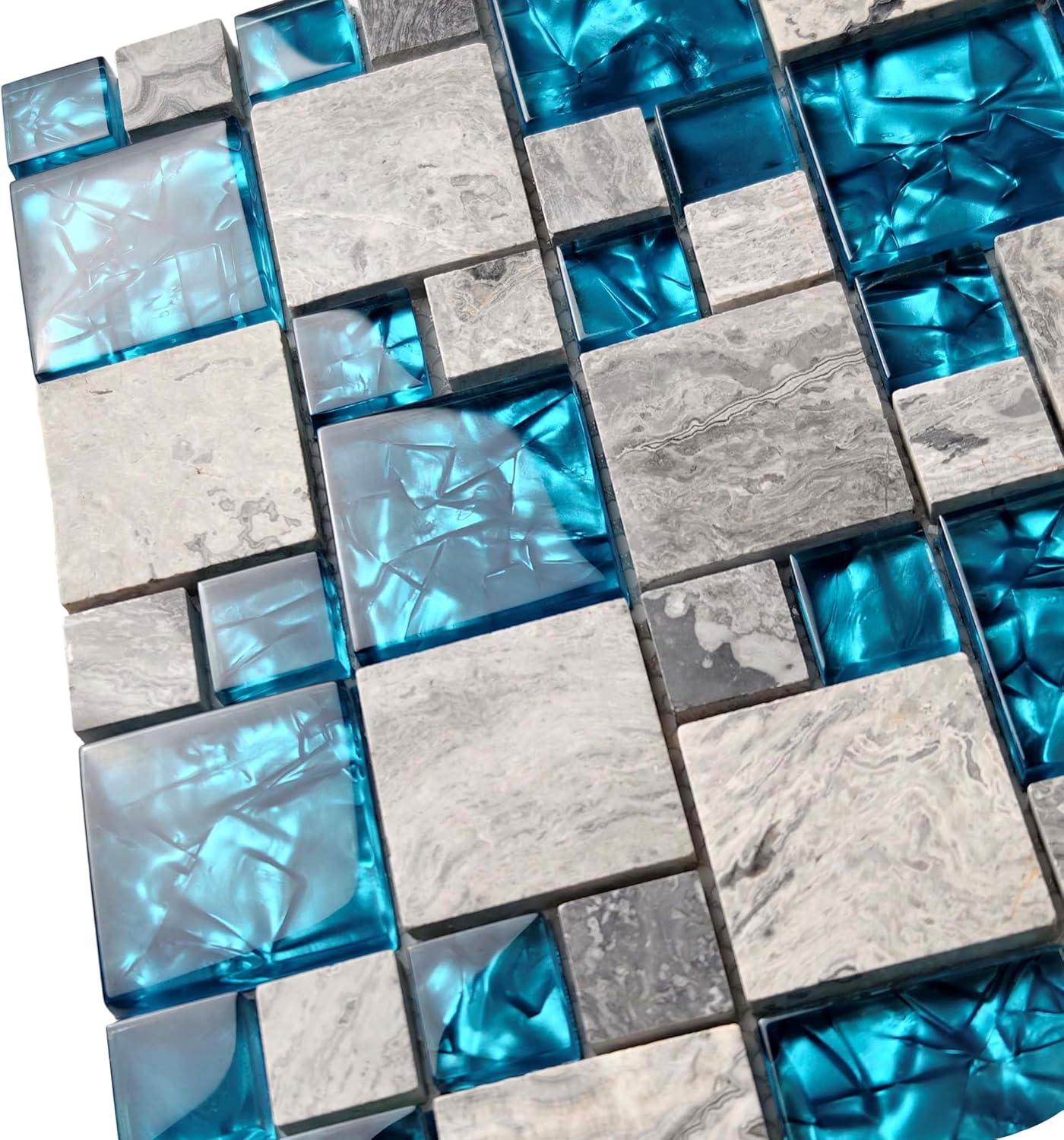 Premium Teal Blue Crystal Glass & Grey Stone Tile Modern Bathroom Shower Wall Versaille Patterns Mosaic for Kitchen Fireplace Decor (3"x12" Sample)