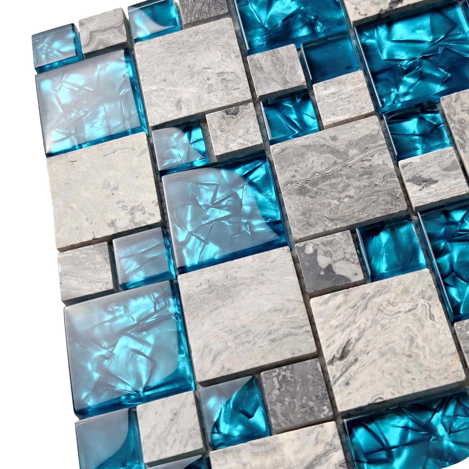Premium Teal Blue Crystal Glass & Grey Stone Tile Modern Bathroom Shower Wall Versaille Patterns Mosaic for Kitchen Fireplace Decor (3"x12" Sample)