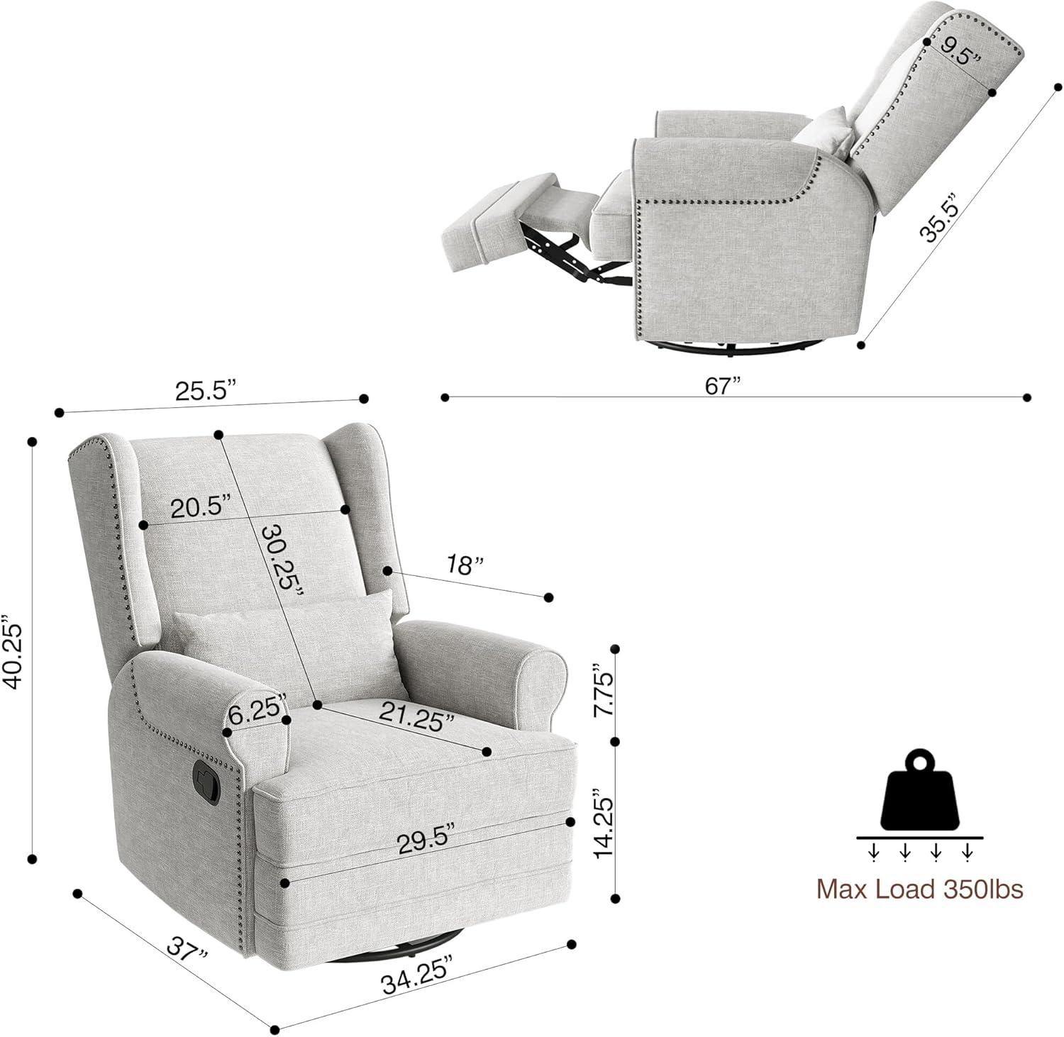 34" Wide Swivel Rocking Nursery Recliner Comfortable Upholstered Glider