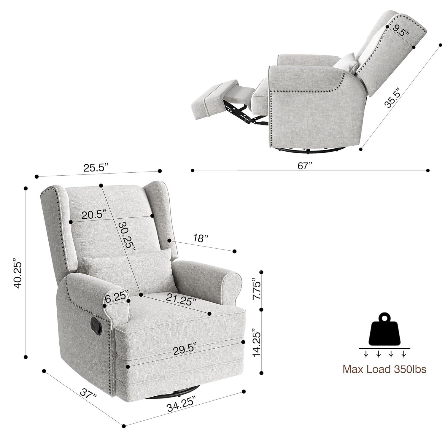 34" Wide Swivel Rocking Nursery Recliner Comfortable Upholstered Glider