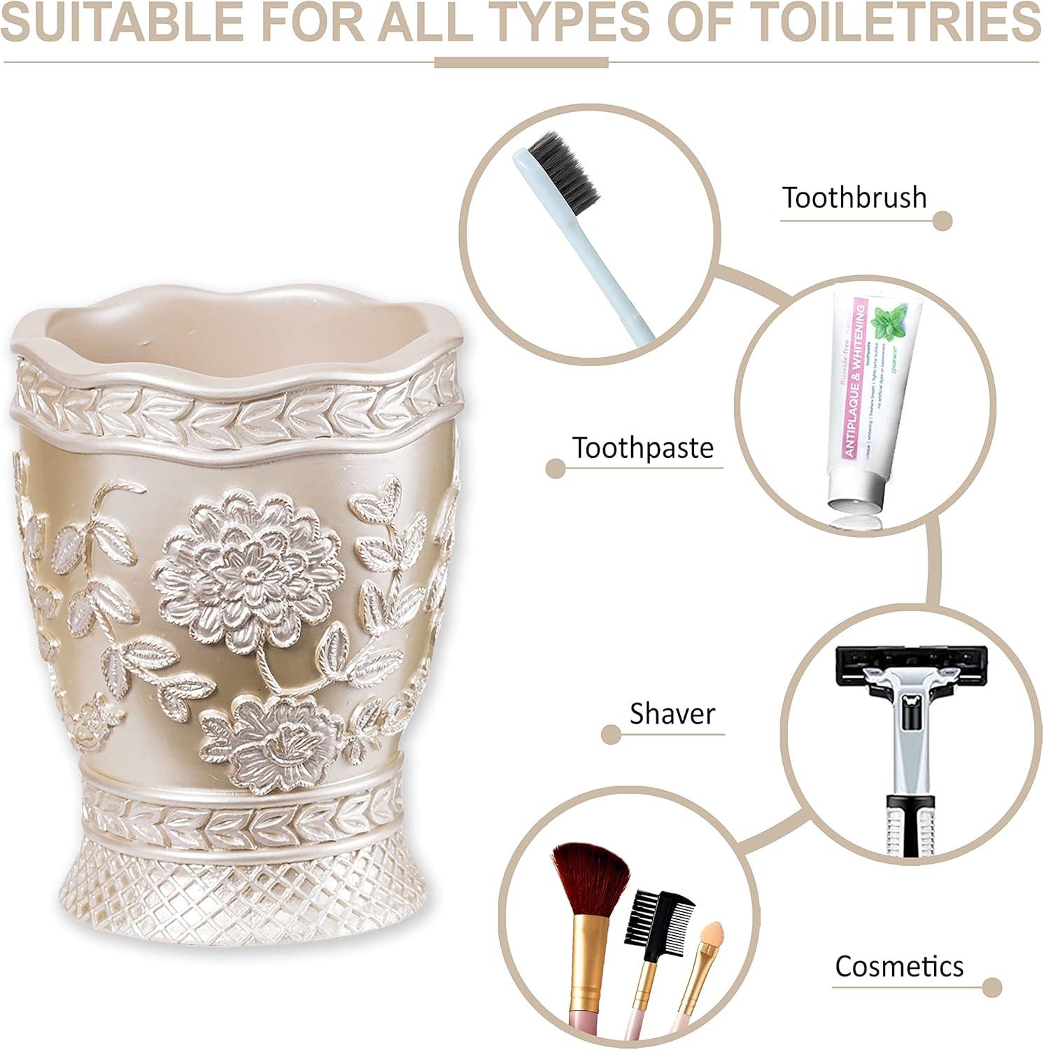 Zahari Home 4pc Rose Vine Bathroom Accessories Sets Lotion Pump, Tumbler, Tooth Brush Holder and Soap Dish Unique Design Beige Bathroom Set