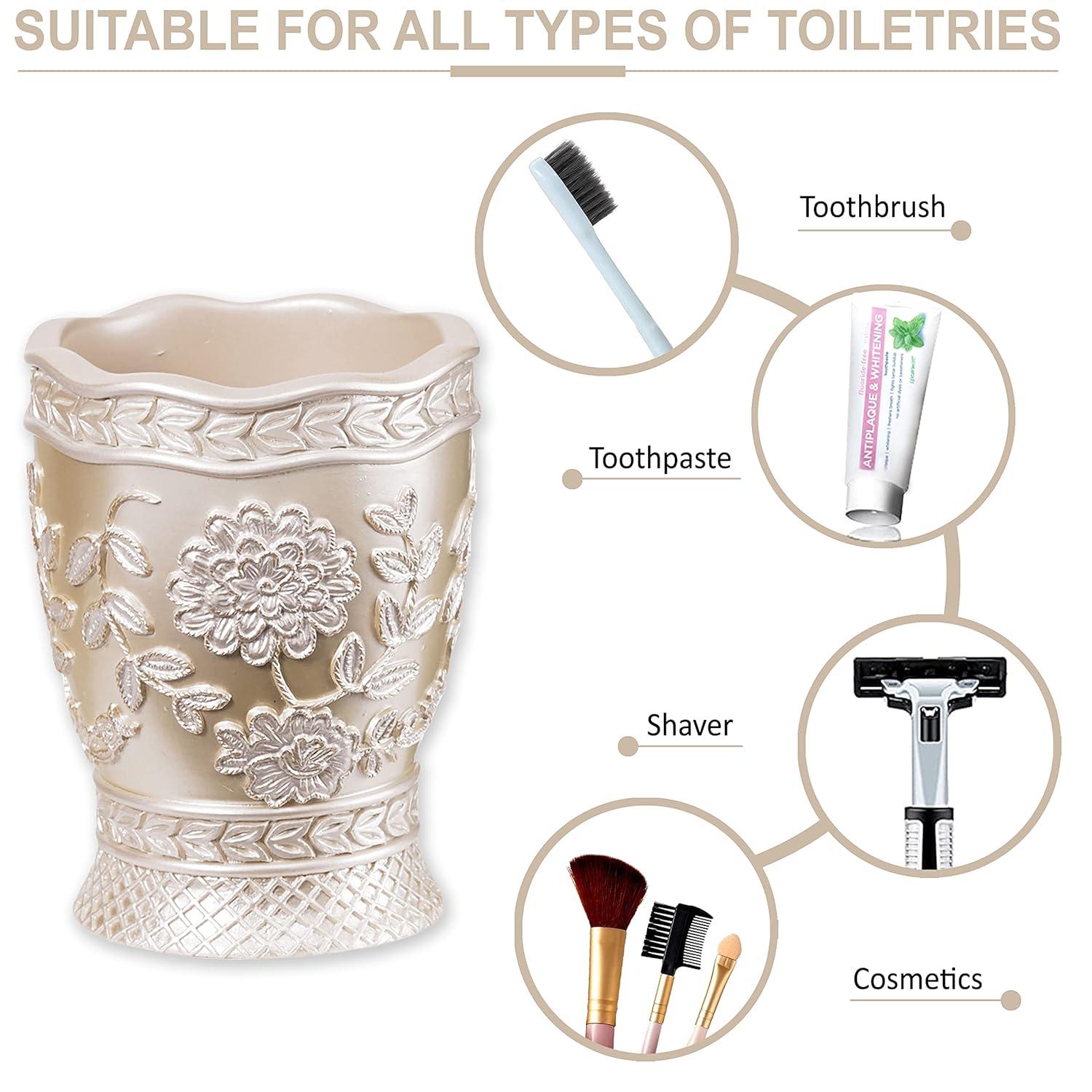 Zahari Home 4pc Rose Vine Bathroom Accessories Sets Lotion Pump, Tumbler, Tooth Brush Holder and Soap Dish Unique Design Beige Bathroom Set