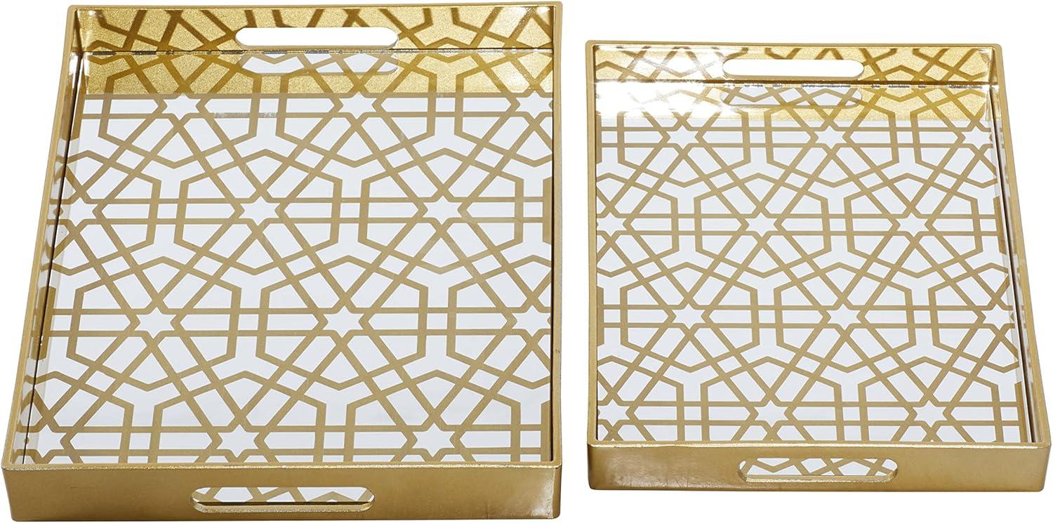 Gold Geometric Mirrored Glass Tray Set, 14" and 16"