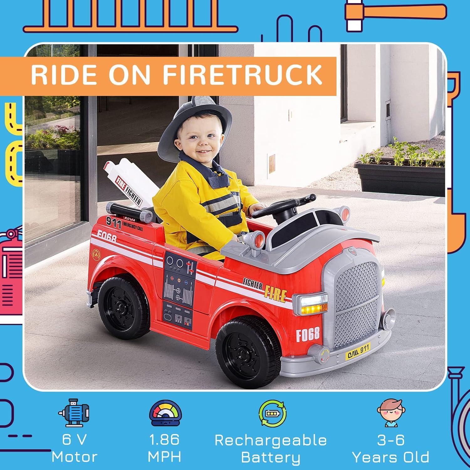 Aosom 6V Electric Ride-On Fire Truck Vehicle for Kids with Remote Control, Music, Lights, and Ladder