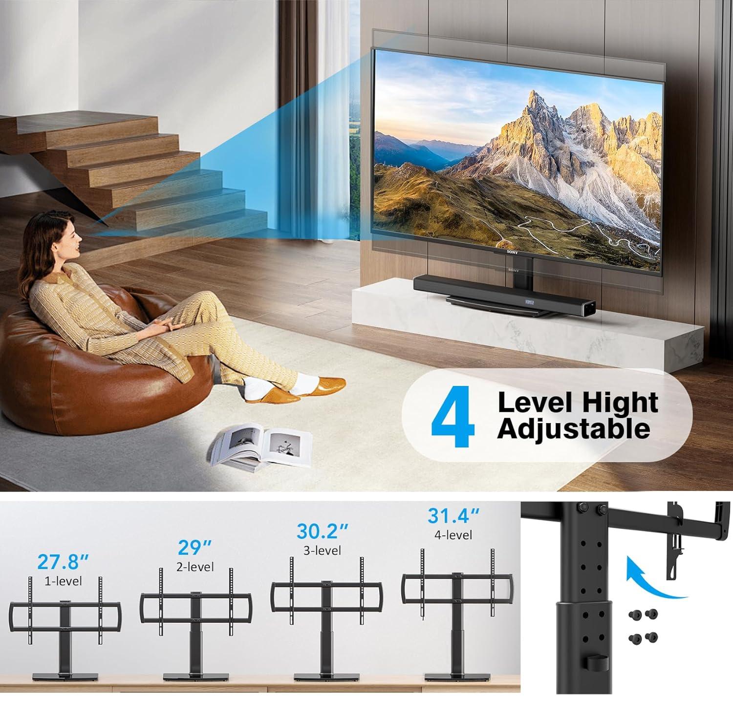 Universal Tabletop TV Stand with Wall Mount for 32 to 70 inch 4 Level Height Adjustable, Heavy Duty Tempered Glass Base, Holds up to 110lbs Screens, HT03B-002