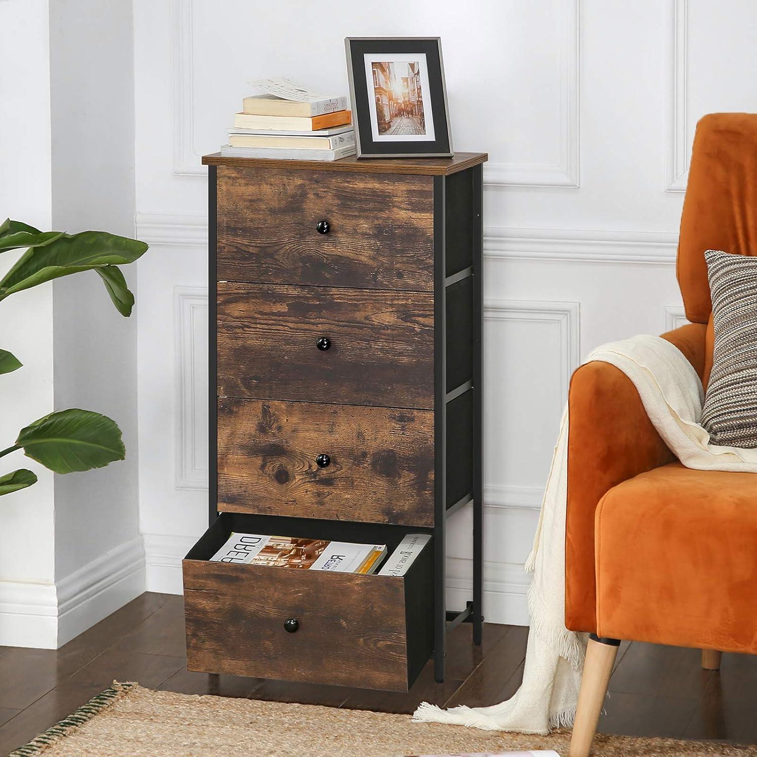 Rustic Brown and Black 4-Drawer Fabric Dresser with Wooden Top