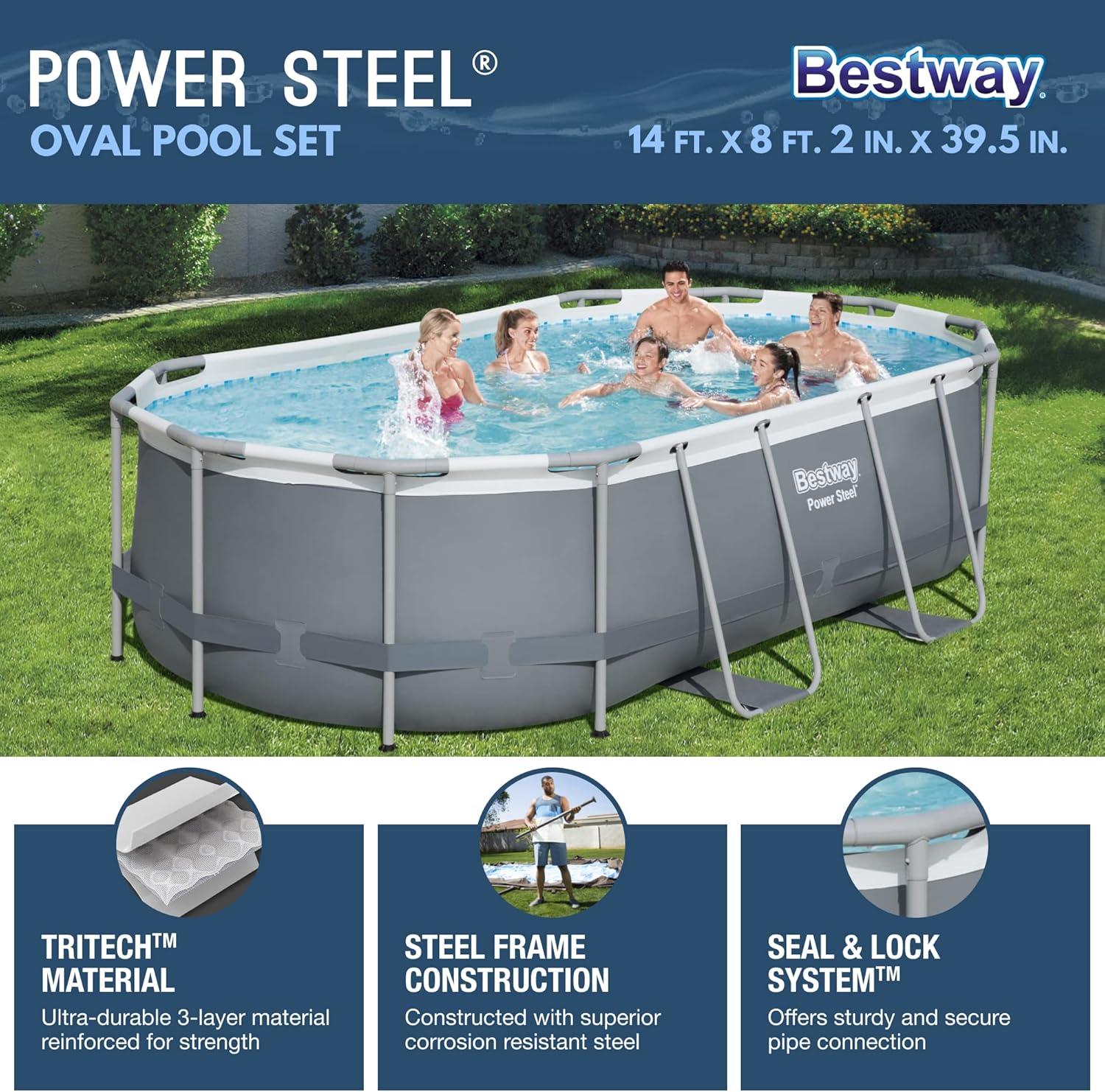 Bestway Power Steel 14' x 8'2" x 39.5" Oval Above Ground Pool Set | Includes 530gal Filter Pump, Ladder, ChemConnect Dispener