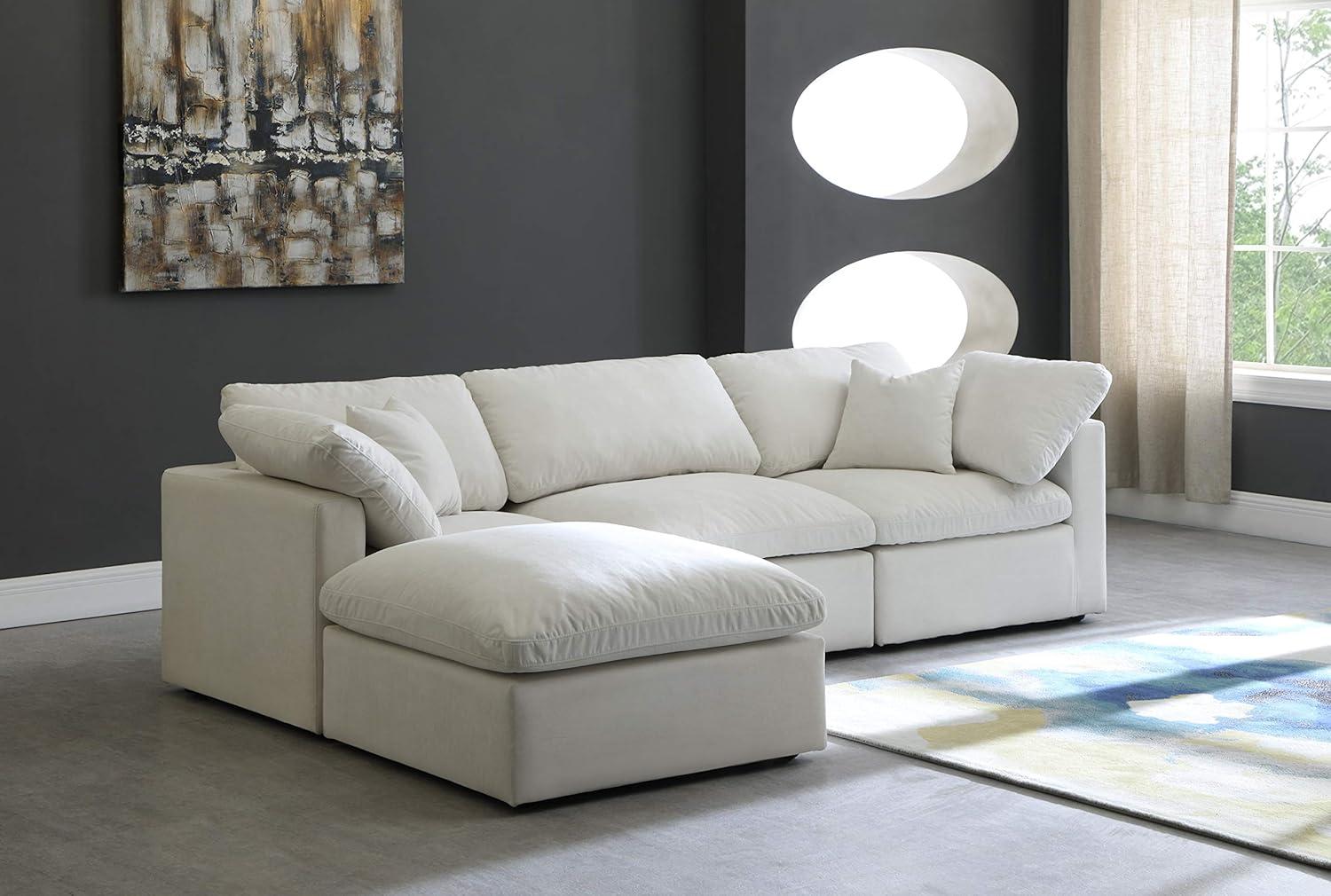 Meridian Furniture 602Cream-Sec4A Plush Collection Contemporary Down Filled Comfort Overstuffed Velvet Upholstered Modular L-Shaped Sectional 3-Seater and 1 Ottoman Cream