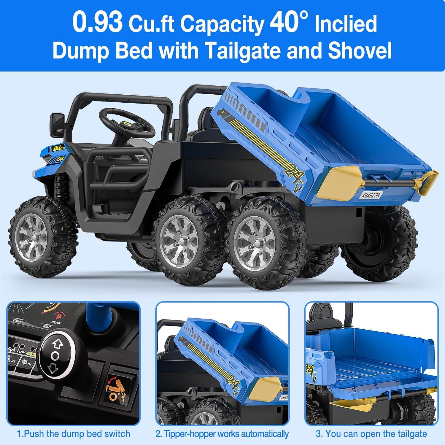 Hetoy 24V Ride on Toys, 2 Seater 6-Wheel UTV Car, 4WD Ride on Dump Truck for Big Kids with Trailer Remote Control, Blue