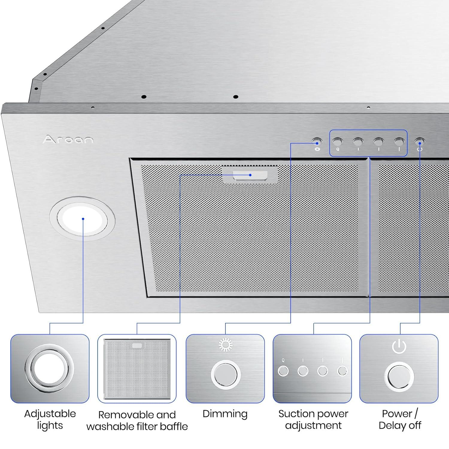 Range Hood Insert 36, AROAN Built-in Range Hood with Ducted/Ductless Convertible, Stainless Steel Vent Hood for Kitchen with 900 CFM, 4 Speed Soft Touch Switch, Aluminum Filters, Carbon Filter(B0136A)