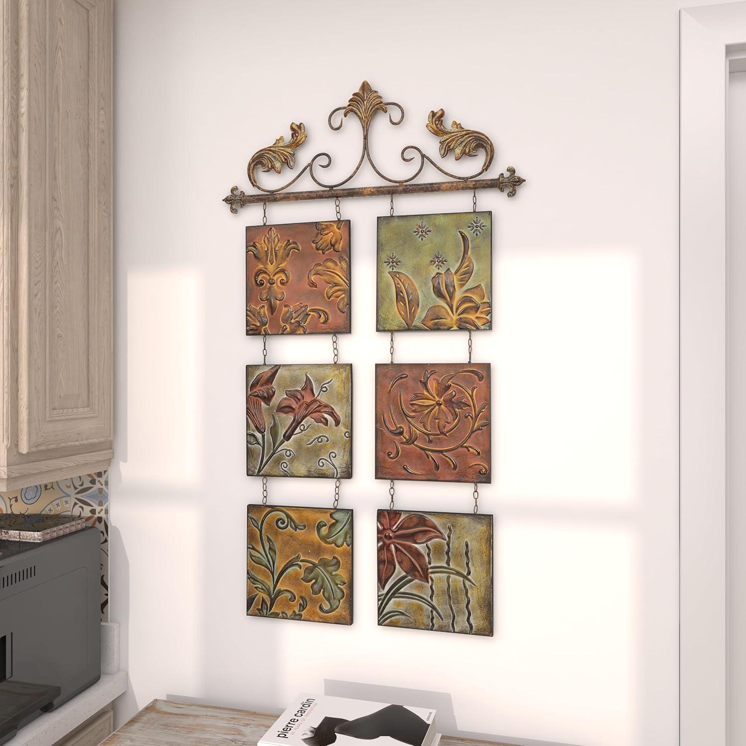 DecMode Multi Colored Metal 6 Suspended Panels Floral Wall Decor with Embossed Details