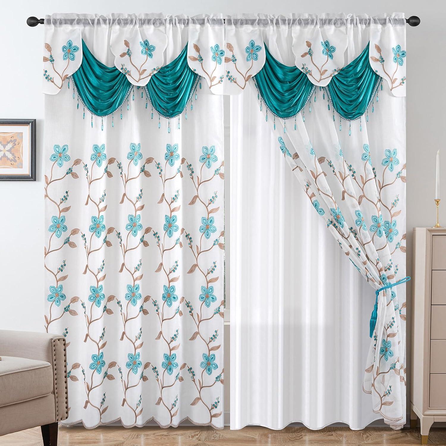 Red Barrel Studio® Embroidery Sheer Curtain 2 Panels Set Luxury Window Curtain Attached Valance With Satin Backing And 2 Tie Backs