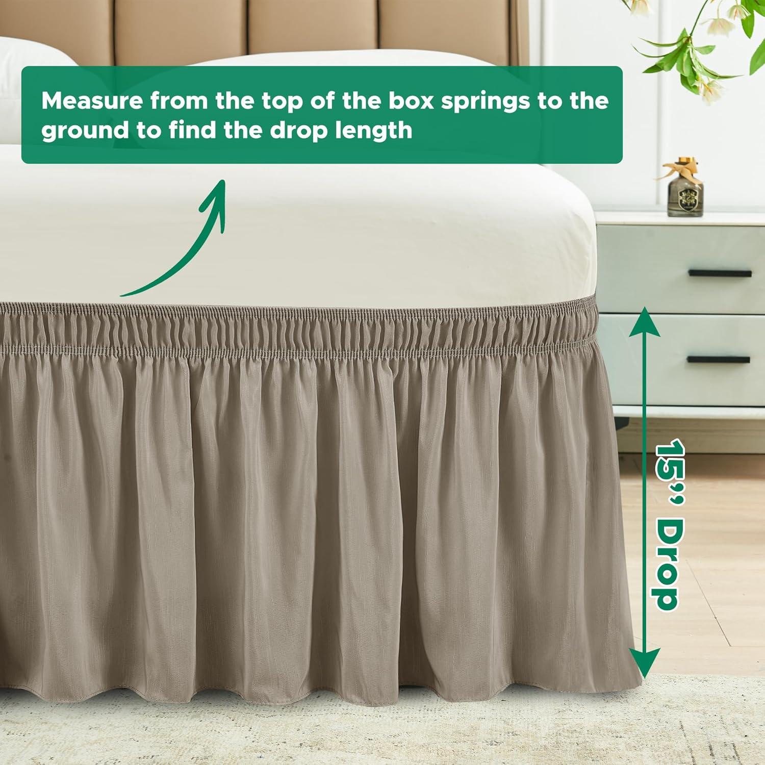 Biscaynebay Wrap Around Bed Skirts for King & Cal King Beds 15" Drop, Taupe Adjustable Elastic Dust Ruffles Easy Fit Wrinkle & Fade Resistant Silky Luxurious Fabric Machine Washable
