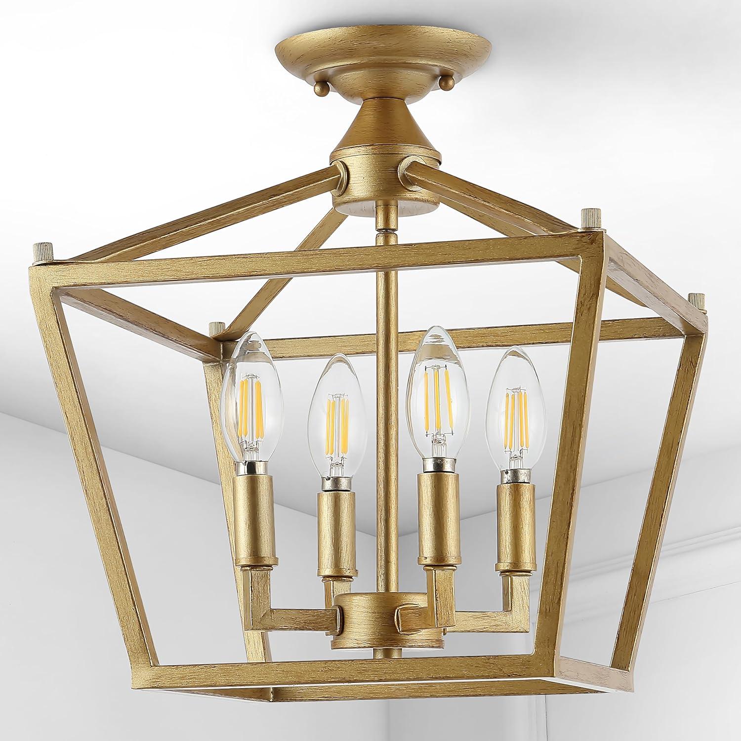 Plains Mini Lantern 12 in. 4-Light Brass Gold Iron Modern Farmhouse LED Flush Mount,