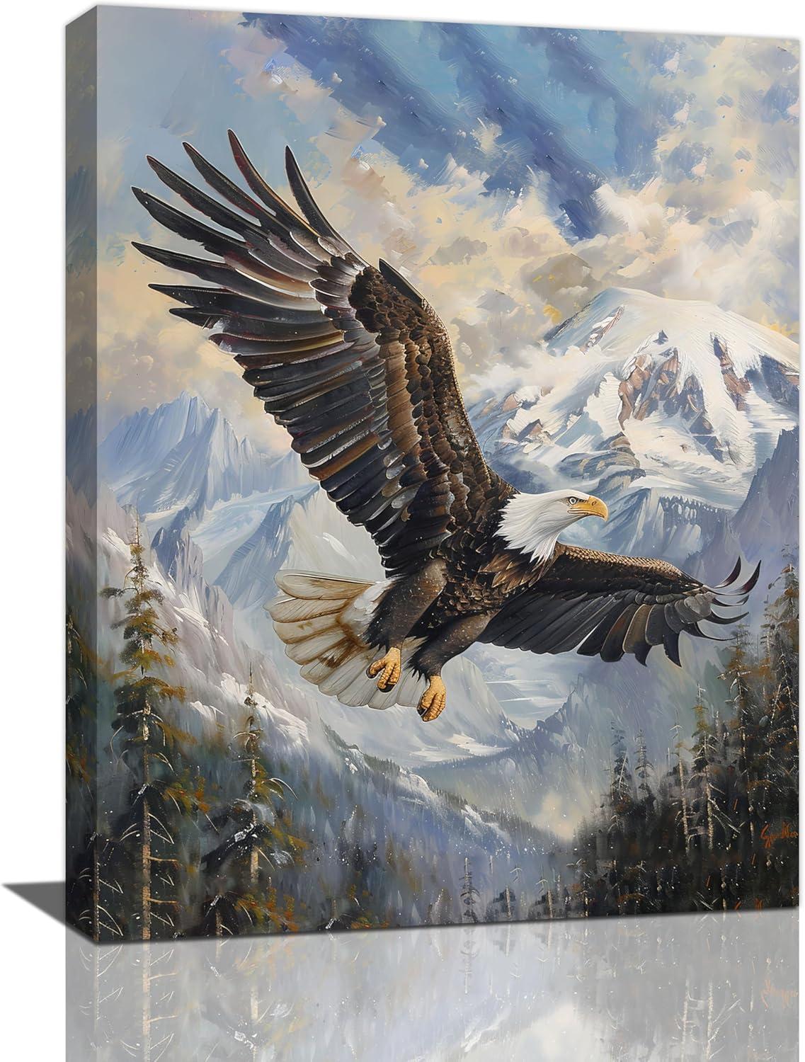 American Bald Eagle Wall Art Flying Eagle Canvas Prints Patriotic Concept Picture Inspiring Motivational Posters Modern Home Artwork Decor For Office Living Room Bedroom Framed Ready To Hang12x16 Inch