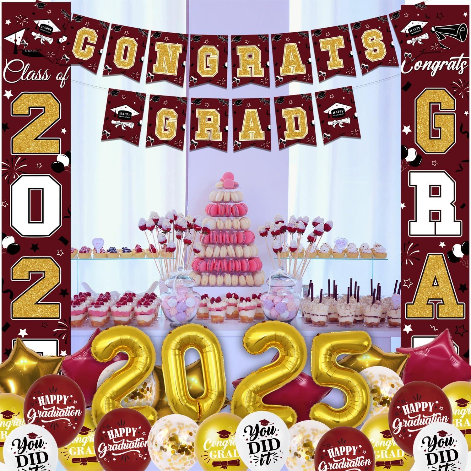 2025 Graduation Party Decoration, Red Gold Themed Set with Congrats Grad Banner, Balloons, Foil Number 2025 for Class of 2025 Graduation Party Supplies
