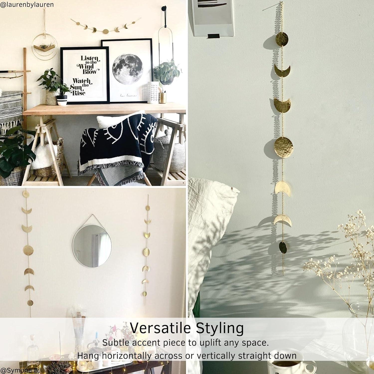 Elegant Bohemian Aesthetic, Moon Phase Wall Decor With Glowing Phases, Handmade Hammered Gold Metal Vertical Wall Art For Shelves, Bedside Tables, Mirrors