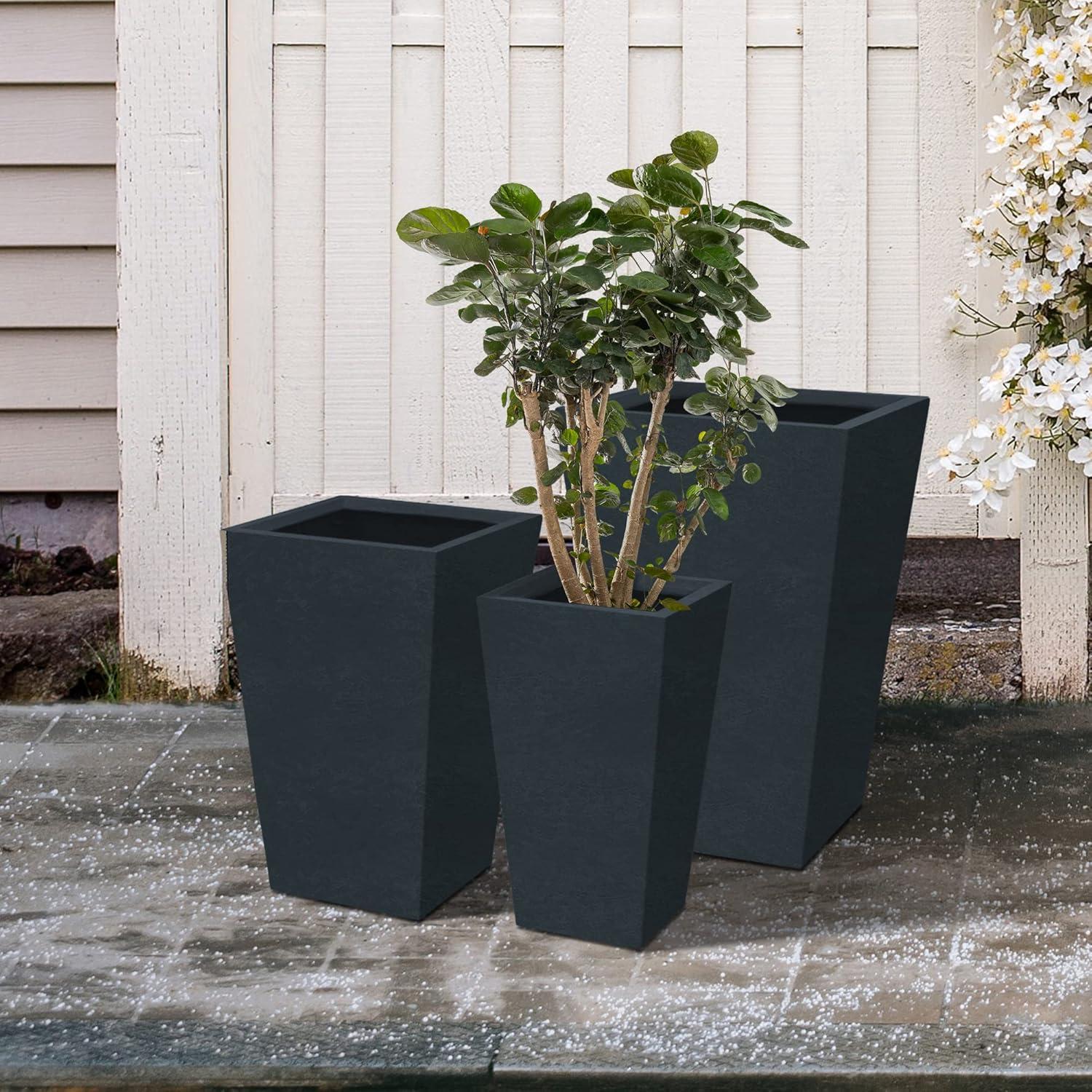 Charcoal Finish Tall Concrete Planter Set with Drainage Holes