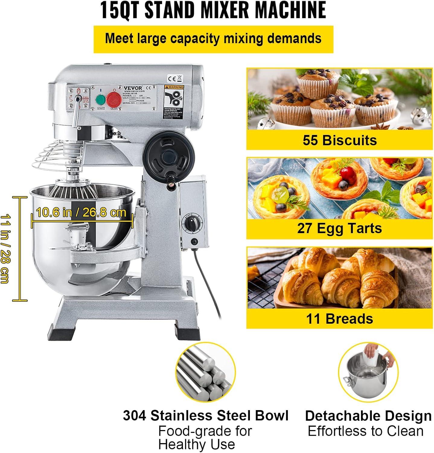 VEVOR 15-Quart Silver Stainless Steel Commercial Stand Mixer