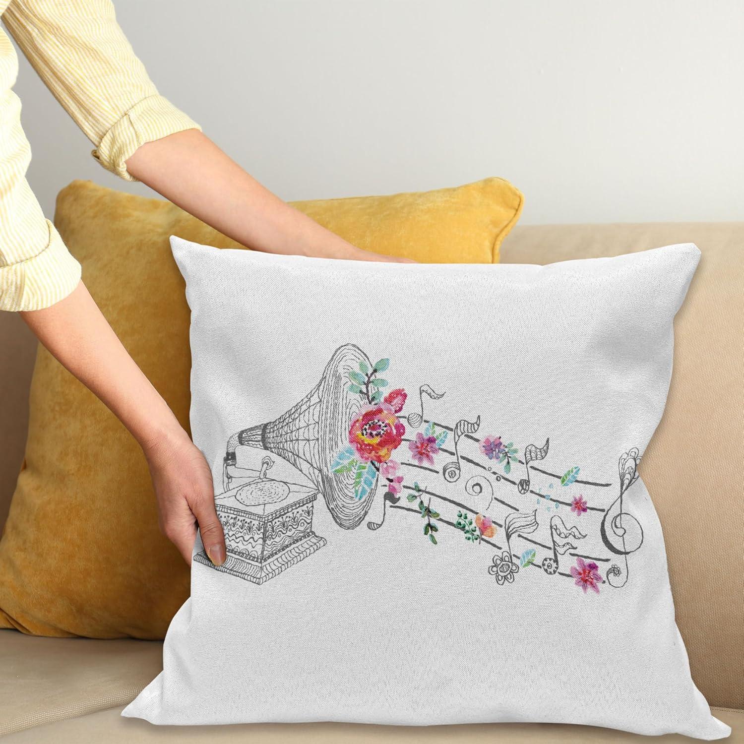 Ambesonne Music Throw Pillow Cushion Cover, Vintage Style Gramophone Record Player Floral Ornament Blossom Antique, Decorative Square Accent Pillow Case, 16" X 16", White Pink