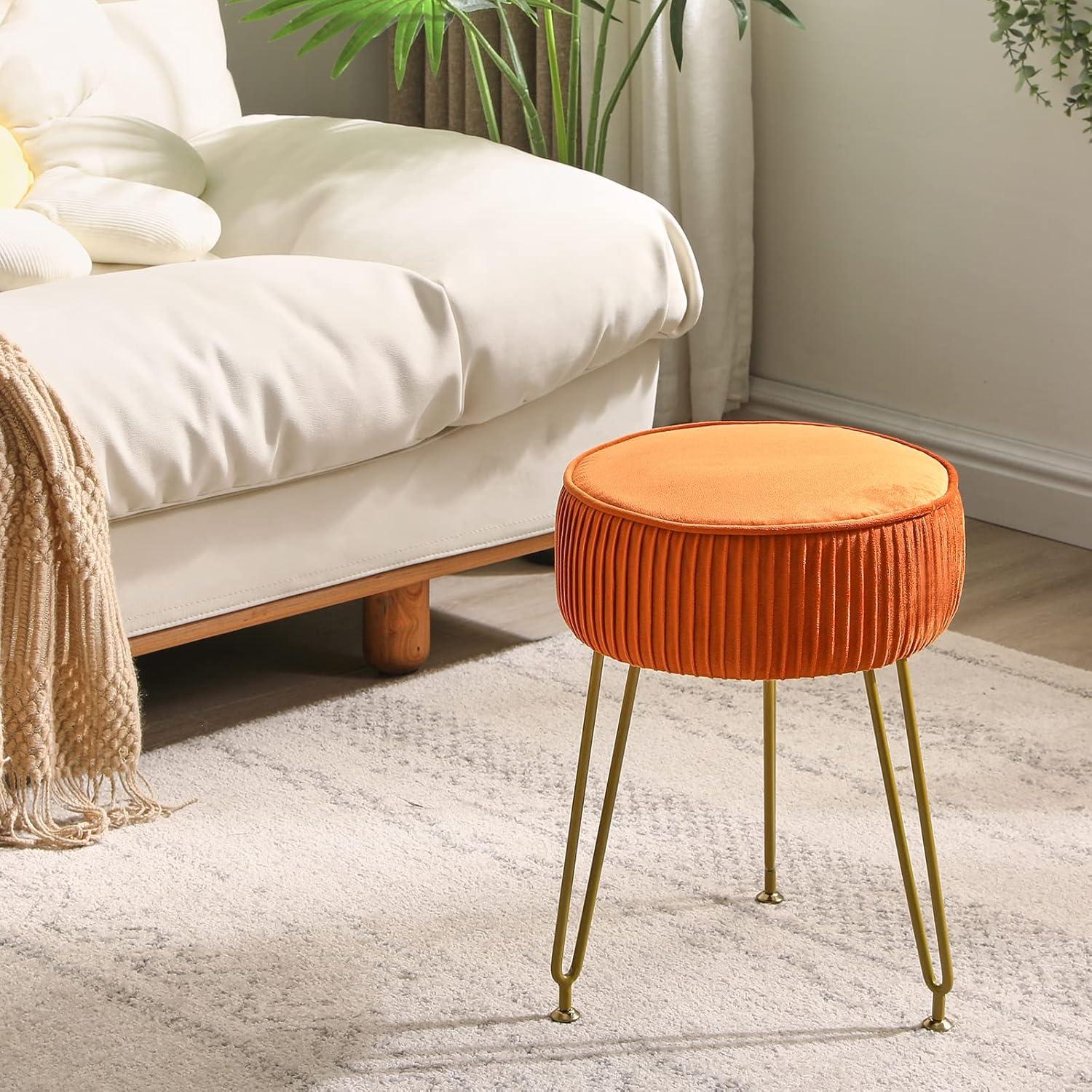 Orange Velvet Round Ottoman with Golden Steel Legs