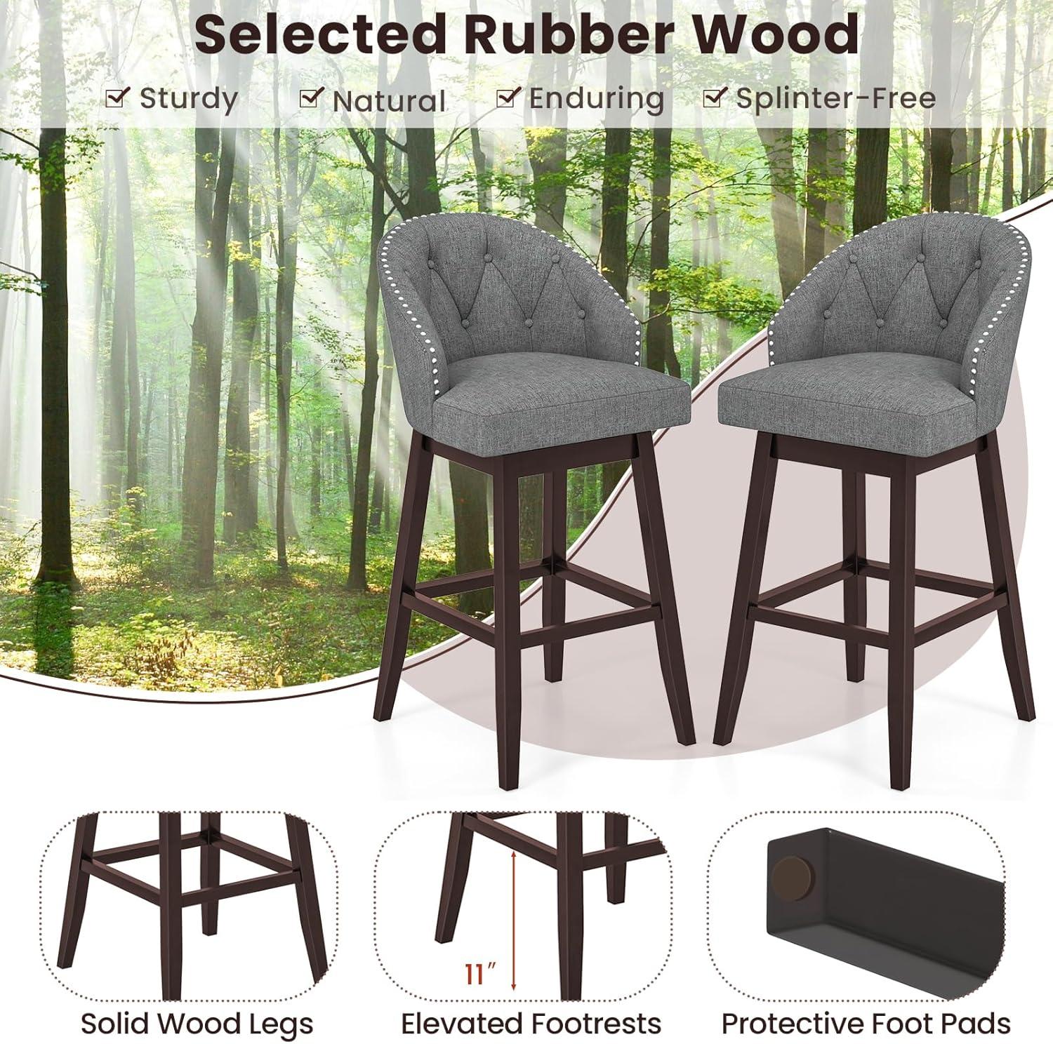 Gray Tufted Swivel Bar Stools with Rubber Wood Legs
