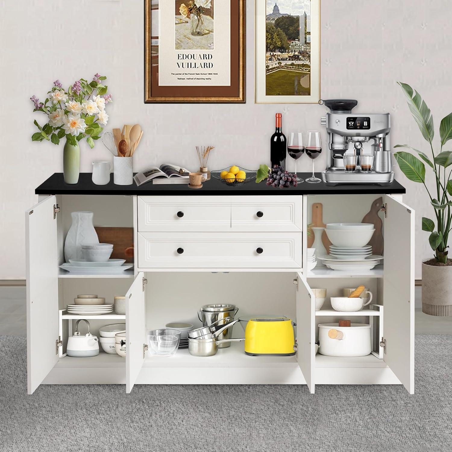 Magic Union 58" Farmhouse Sideboard Buffet Cabinet, Coffee Bar Cabinet with 2 Large Drawers & 4 Grooved Barn Doors, Wood Storage Cabinets for Dinning Room, Kitchen, Living Room, White