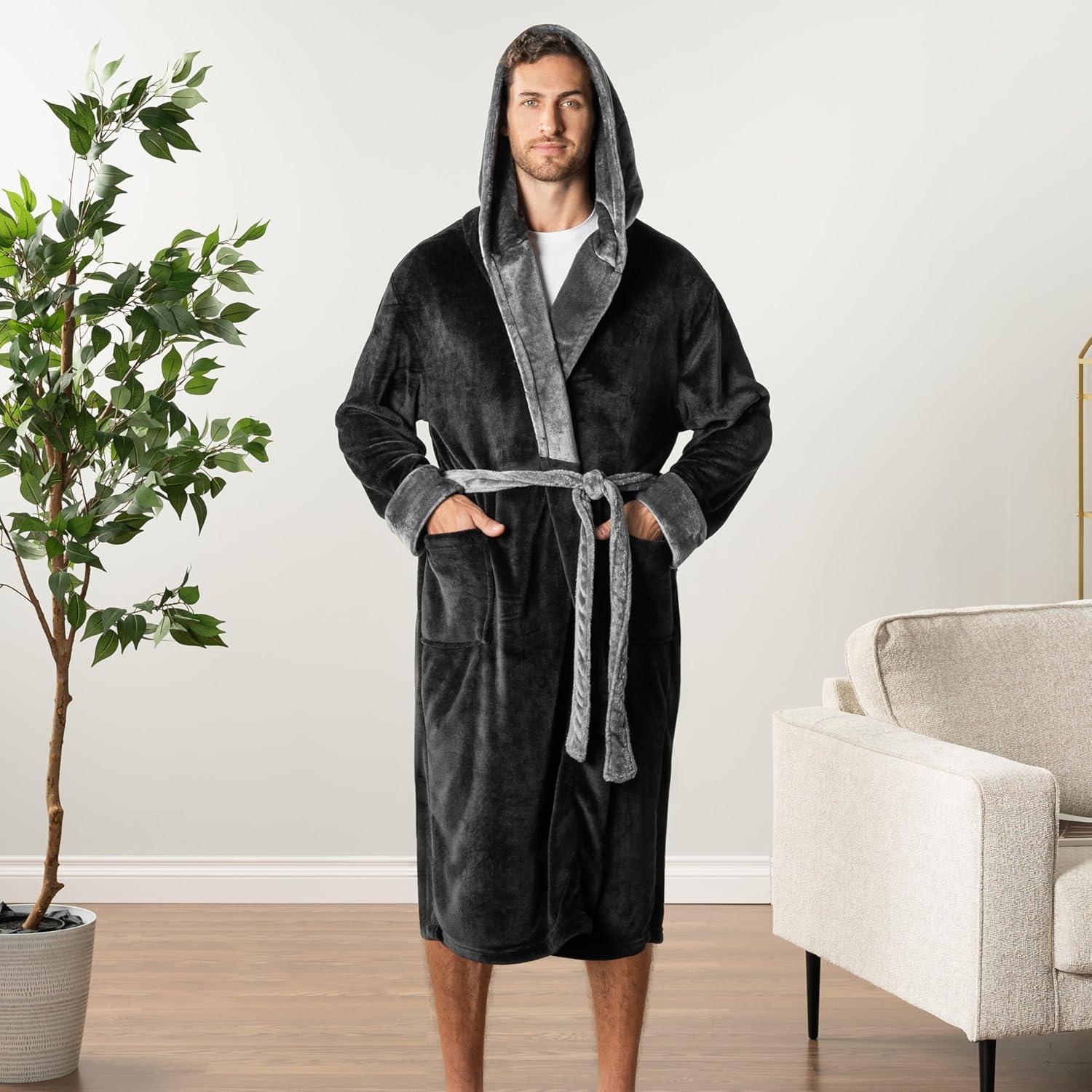 PAVILIA Mens Robe, Hooded Soft Bathrobe for Men, Fleece Plush Warm Shawl Collar Hood Pockets for Bath Shower Spa (Black/Gray, One Size)