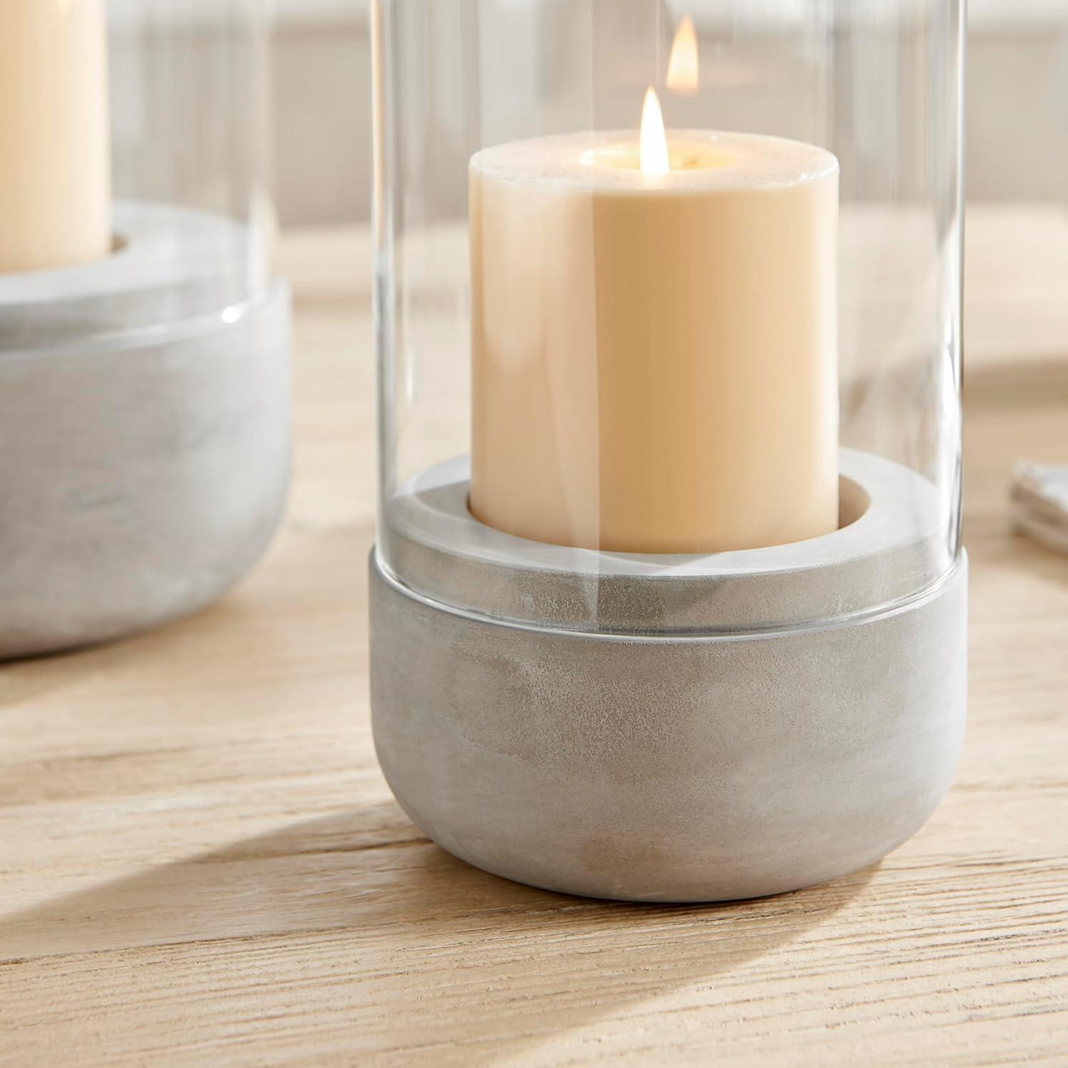 Large Clear Glass and Gray Cement Hurricane Candle Holder