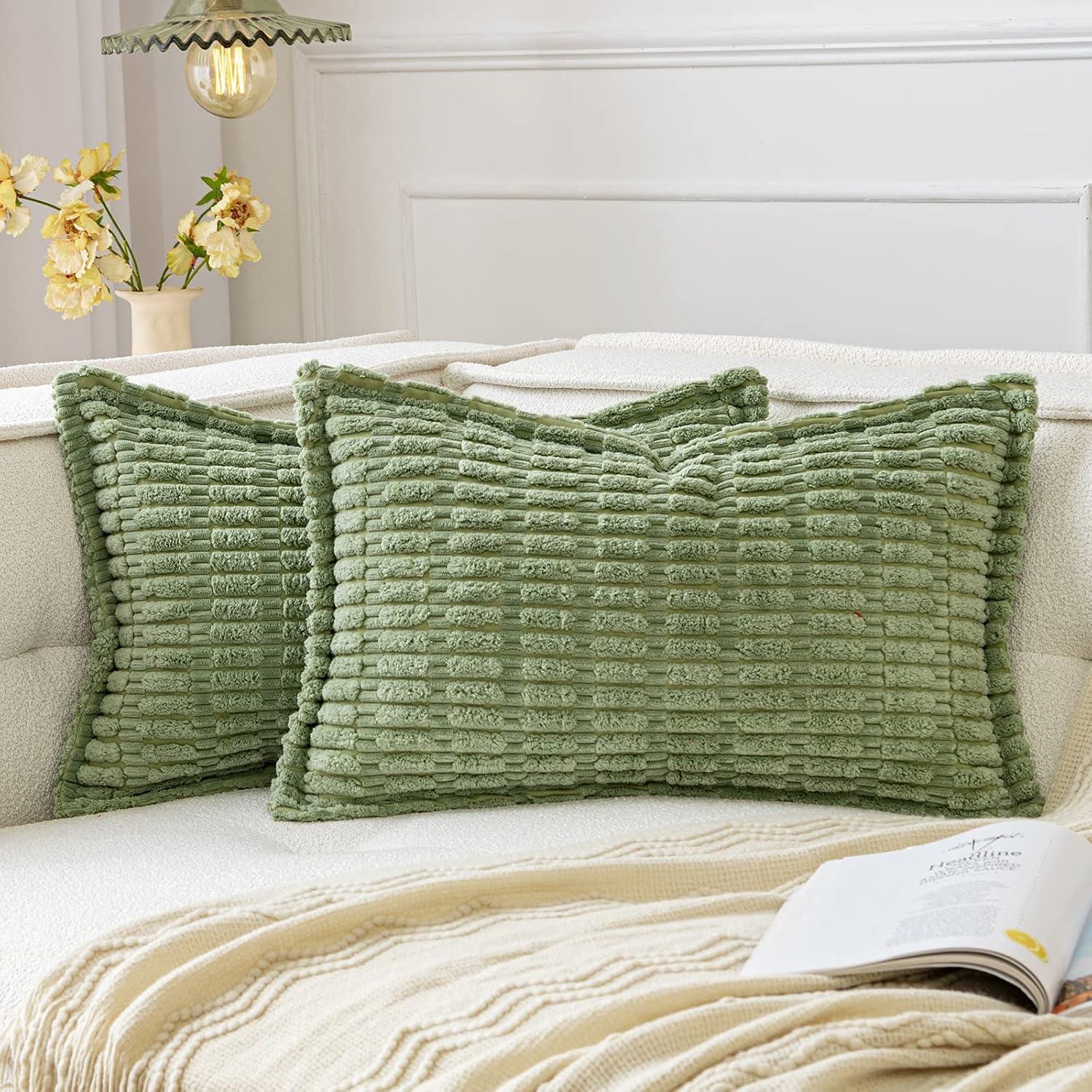 Boho Sage Green Striped Corduroy Pillow Covers - Set of 2 | Farmhouse Rectangle Cushion Cases for Sofa Couch Bed | Soft Decorative Throw Pillowcases - 12x20 Inch Home Decor