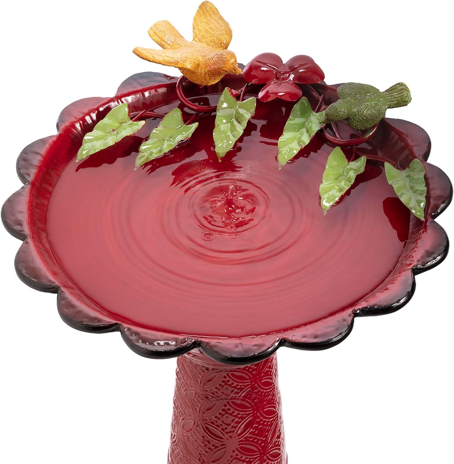28" Metal Birdbath With Birds And Leaves - Red - Alpine Corporation