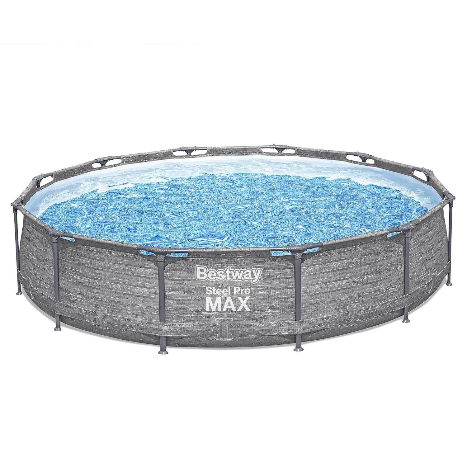 Bestway Steel Pro MAX 12' x 30" Round Above Ground Swimming Pool Set Outdoor Metal Frame Family Pool with Liner and Filter Pump, Gray