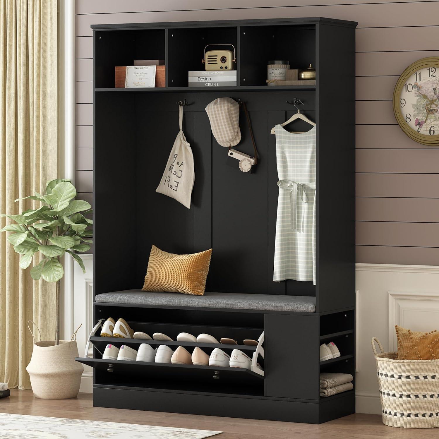 Black Multifunctional Hall Tree with Storage Bench and Cushion