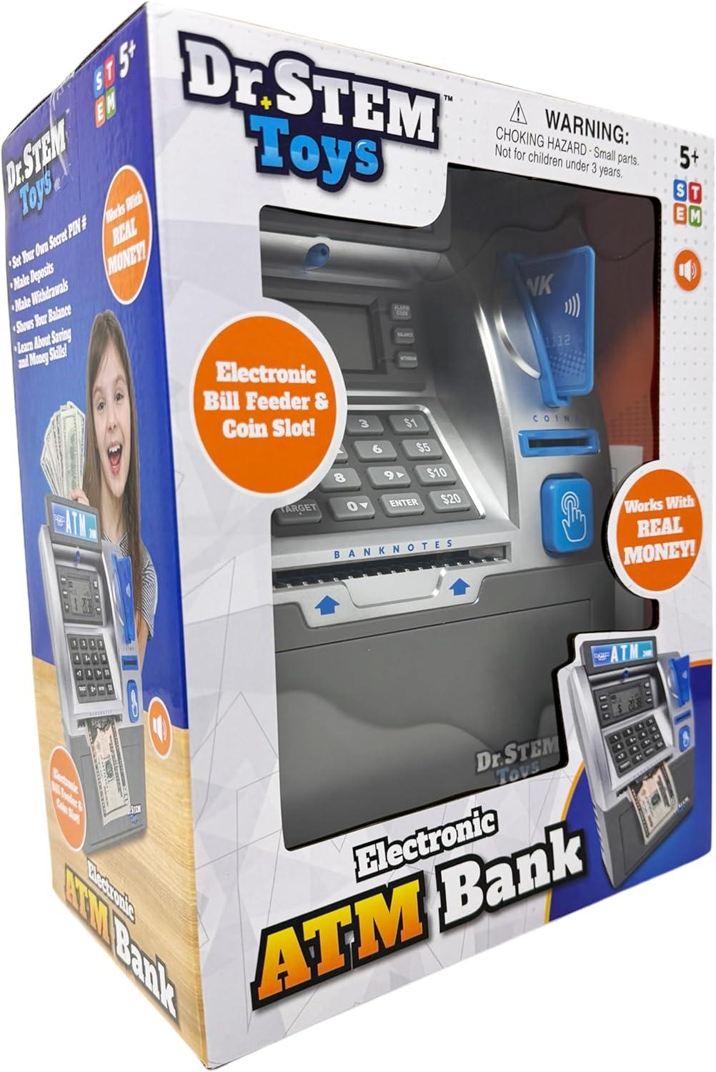 Dr. STEM: Electronic ATM Bank - Real Money Savings Piggy Bank Toy, LCD Digital Screen, Bill Feeder & Coin Counter, Pin Entry, STEM Learning, Kids 5+