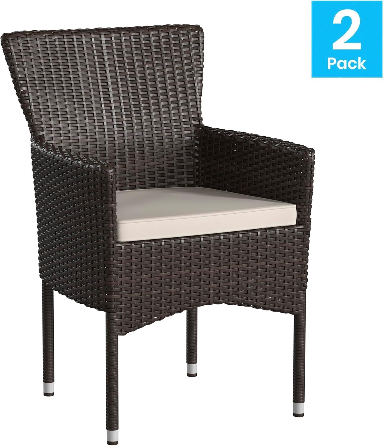 Flash Furniture Maxim Modern Espresso Wicker Patio Armchairs for Deck or Backyard, Fade and Weather-Resistant Frames and Cream Cushions-Set of 2