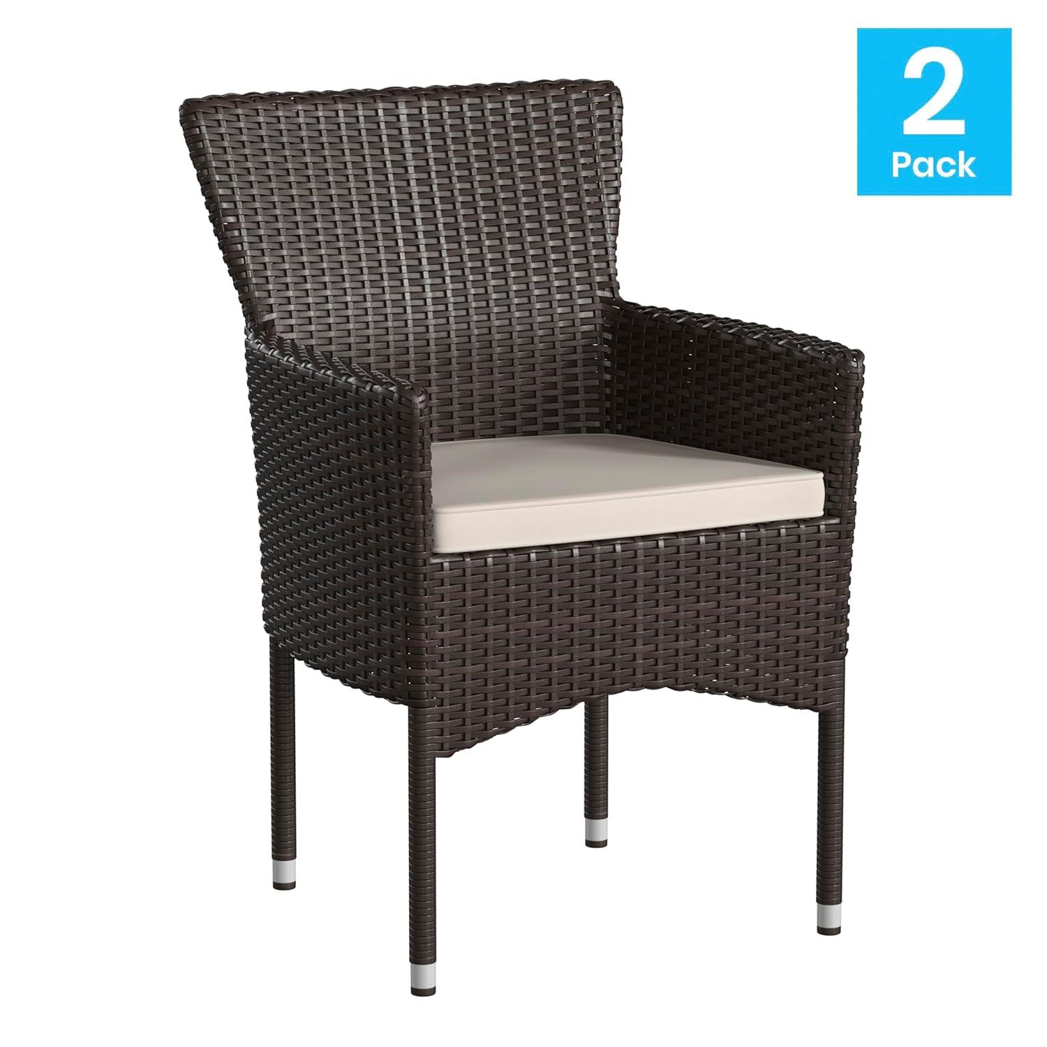 Flash Furniture Maxim Modern Espresso Wicker Patio Armchairs for Deck or Backyard, Fade and Weather-Resistant Frames and Cream Cushions-Set of 2