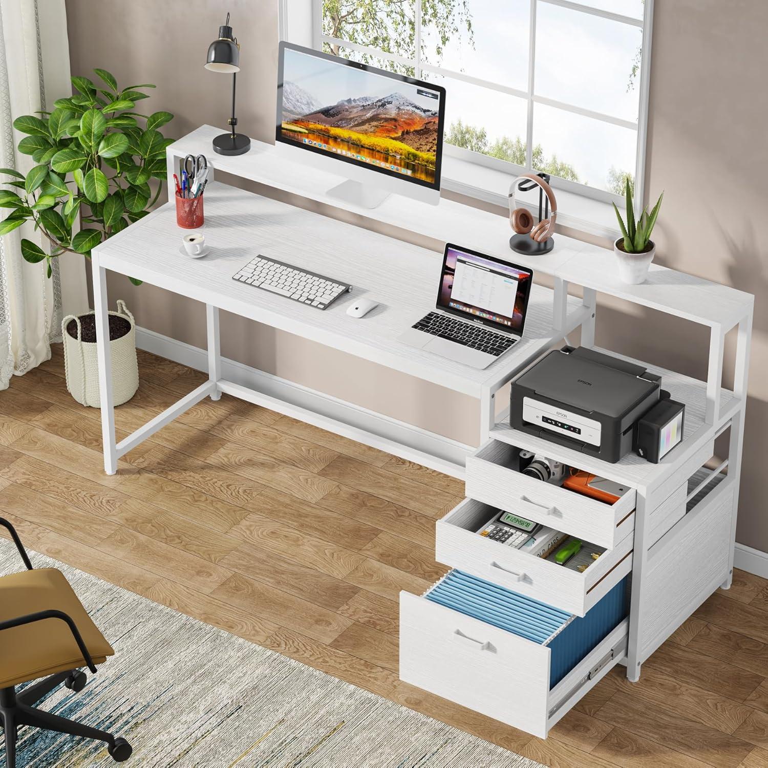 1Easylife 63" Computer Desk with Monitor Stand, Ergonomic Home Office Desks with Drawers File Cabinet White