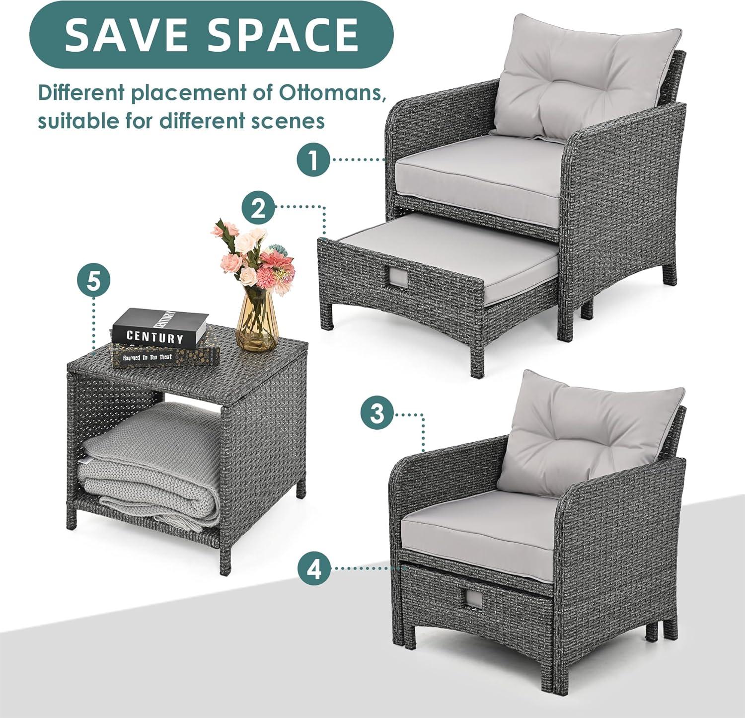 Pamapic 5 Pieces Outdoor Patio Wicker Chairs Set with Ottoman Outside Conversation Furniture Set with Cushions and Coffee for Balcony Porch Lawn Garden Table(Grey Cushion+Light Grey Rattan)