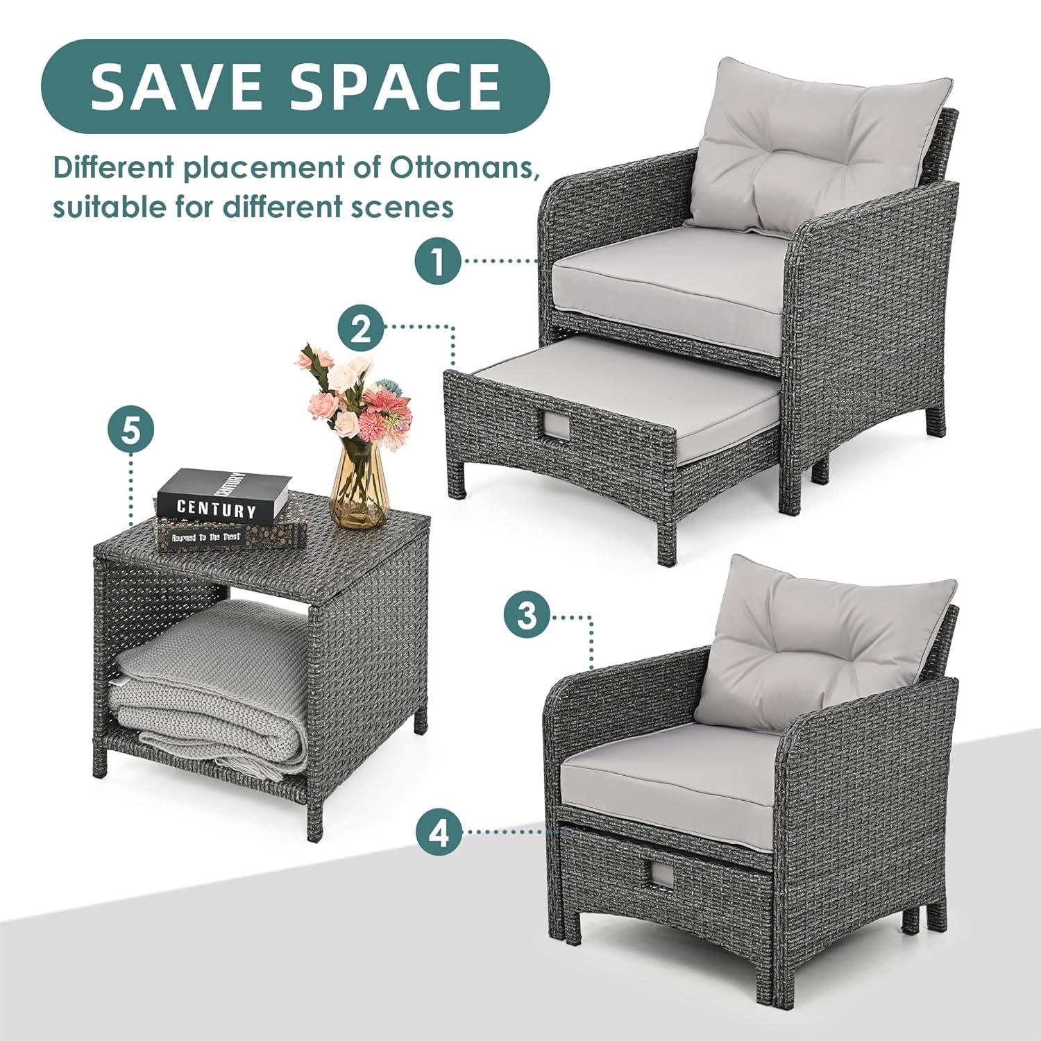 Pamapic 5 Pieces Outdoor Patio Wicker Chairs Set with Ottoman Outside Conversation Furniture Set with Cushions and Coffee for Balcony Porch Lawn Garden Table(Grey Cushion+Light Grey Rattan)