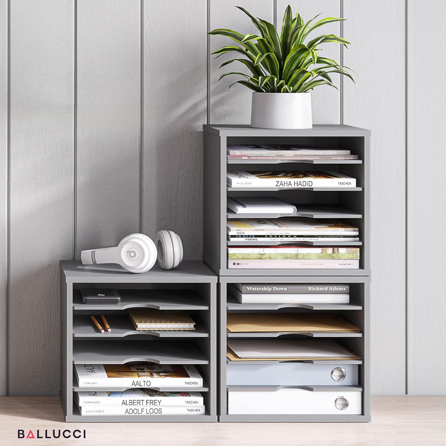 Ballucci 5-Tier Paper Organizer, File Holder, Mail Sorter, Wood Stackable Letter Tray, Gray