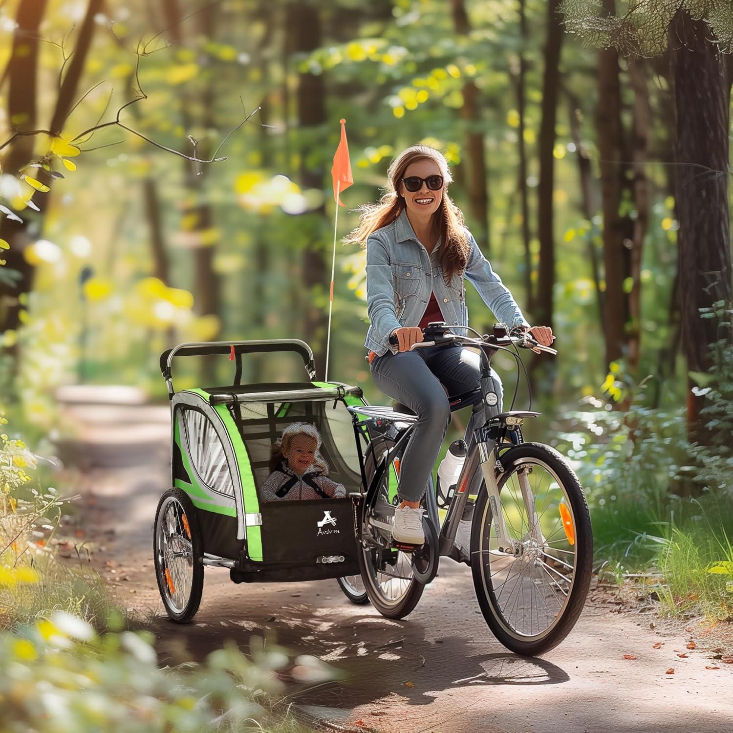 Green and Black 2-in-1 Child Bike Trailer Stroller