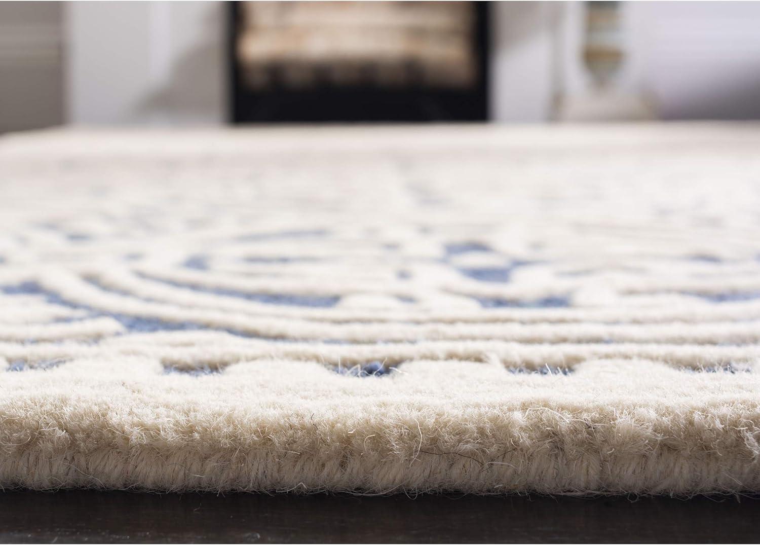 Ivory and Navy Blue Hand-Tufted Wool Rectangular Rug, 12' x 18'