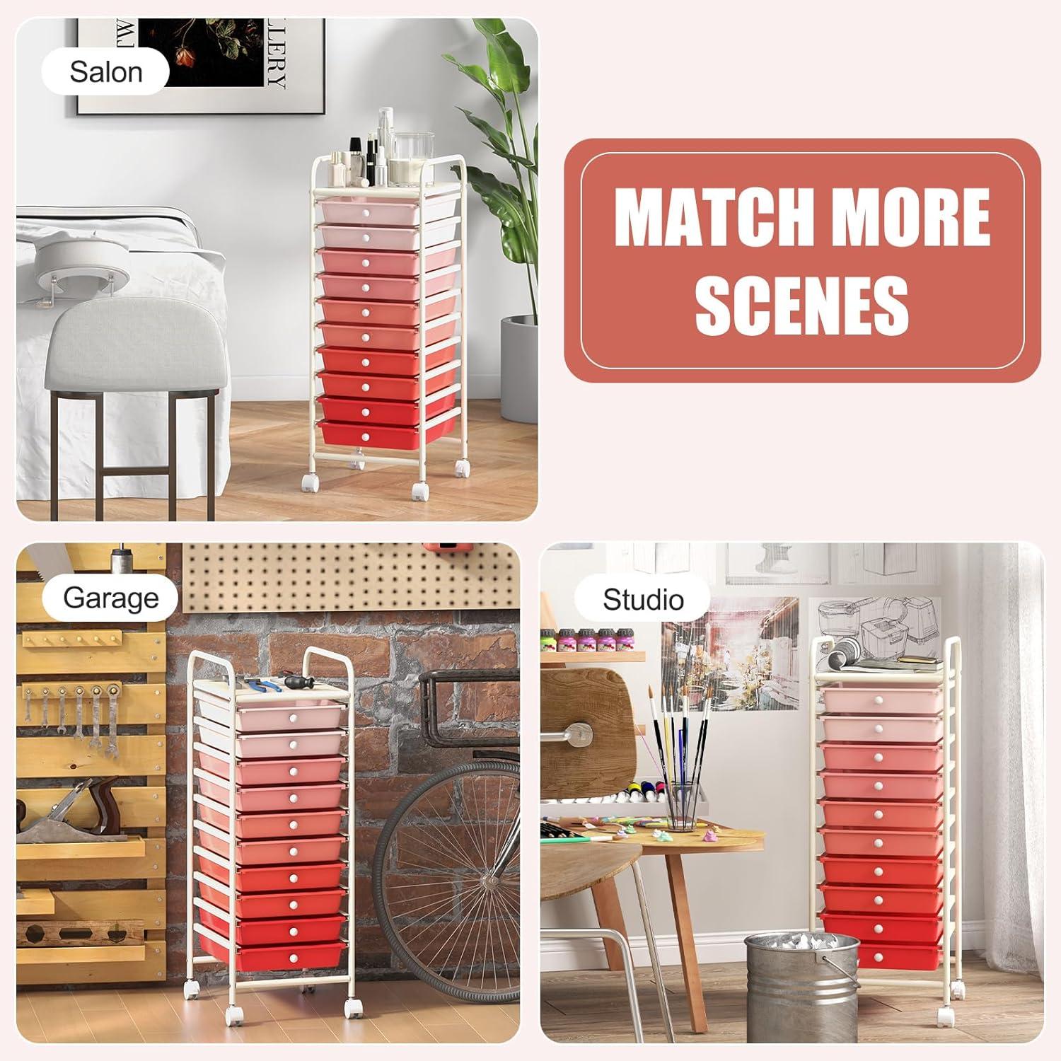 Giantex 10-Drawer Storage Cart w/Universal Wheel, Rolling Cart w/Handle, Home Organizer Storage Unit w/Removable Drawers, Trolley Utility Cart for Kitchen Makeup Living Room Office Play Room