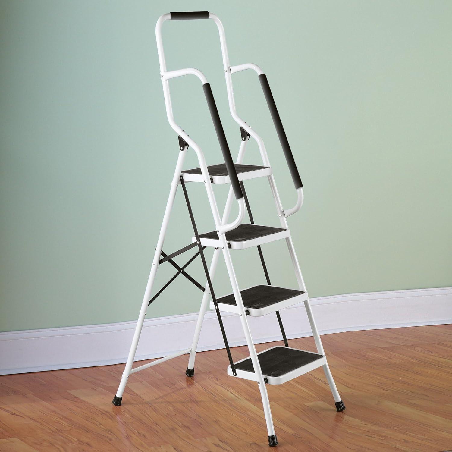 Collections Etc. Folding Anti-Slip Safety Step Ladder with Handrail Grips for Home or Office, Four Steps, 62.5 inches tall, White, White