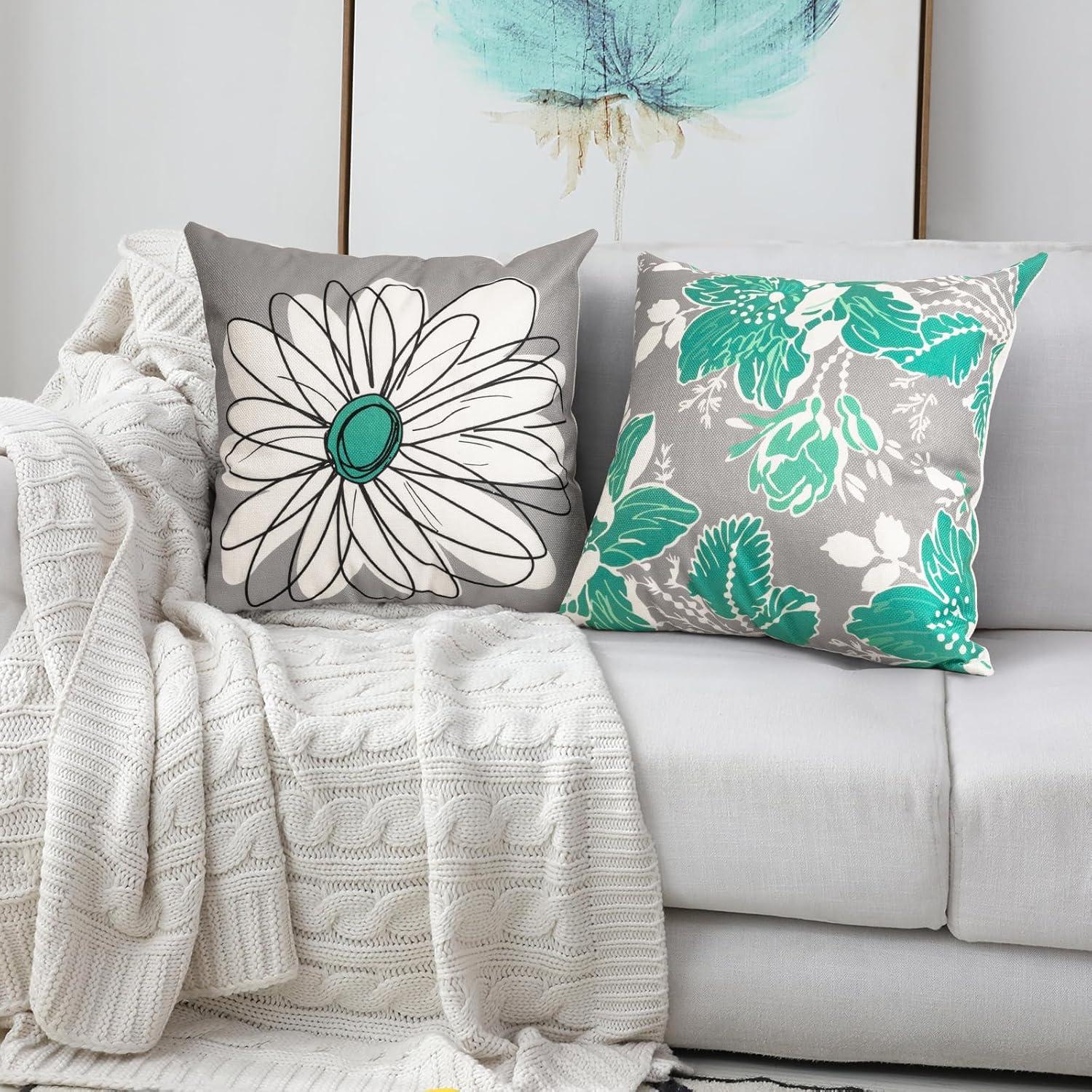 Husfou 4pcs Linen Pillow Covers 18x18 inch Turquoise and Grey Decorative Throw Pillow Case for Couch Modern Daisy Cushion Cover for Home Sofa Bedroom Decor