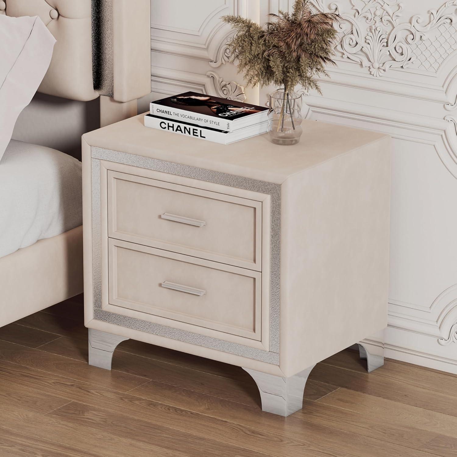 SOFTSEA Velvet Nightstand with 2 Drawers, Modern Upholstered Nightstand with Storage, Bedside Table End Table with Silver Glitter Strip & Metal Legs for Bedroom, Living Room, Easy Assembly, Beige