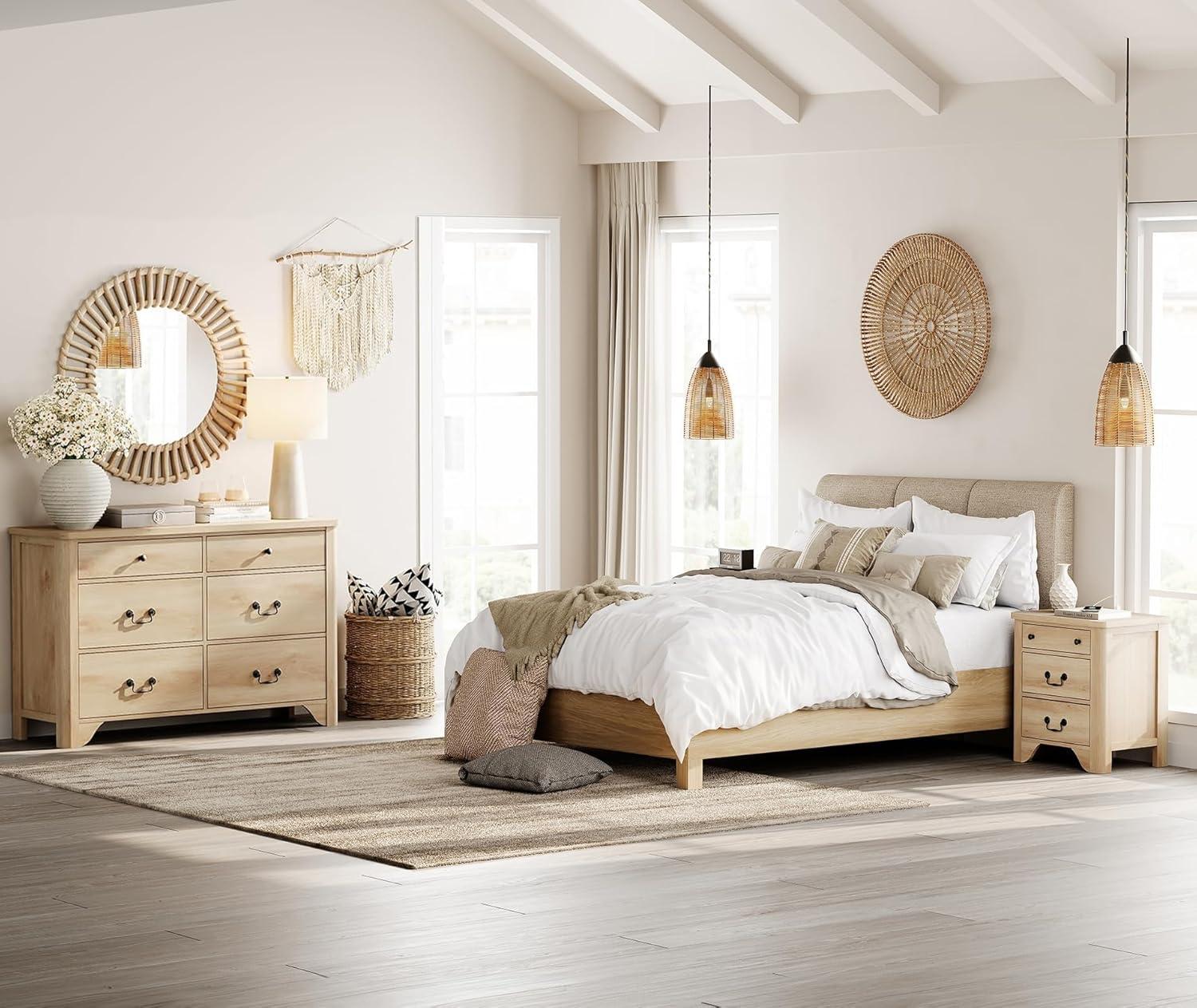 WAMPAT 3 Piece Dresser and Nightstand Sets, Farmhouse Dresser & Chest of Drawers with 6 Drawers & Metal Handle, Set of 2 Nightstands End Table with Charging Staion, 3 Piece Bedroom Set, Oak