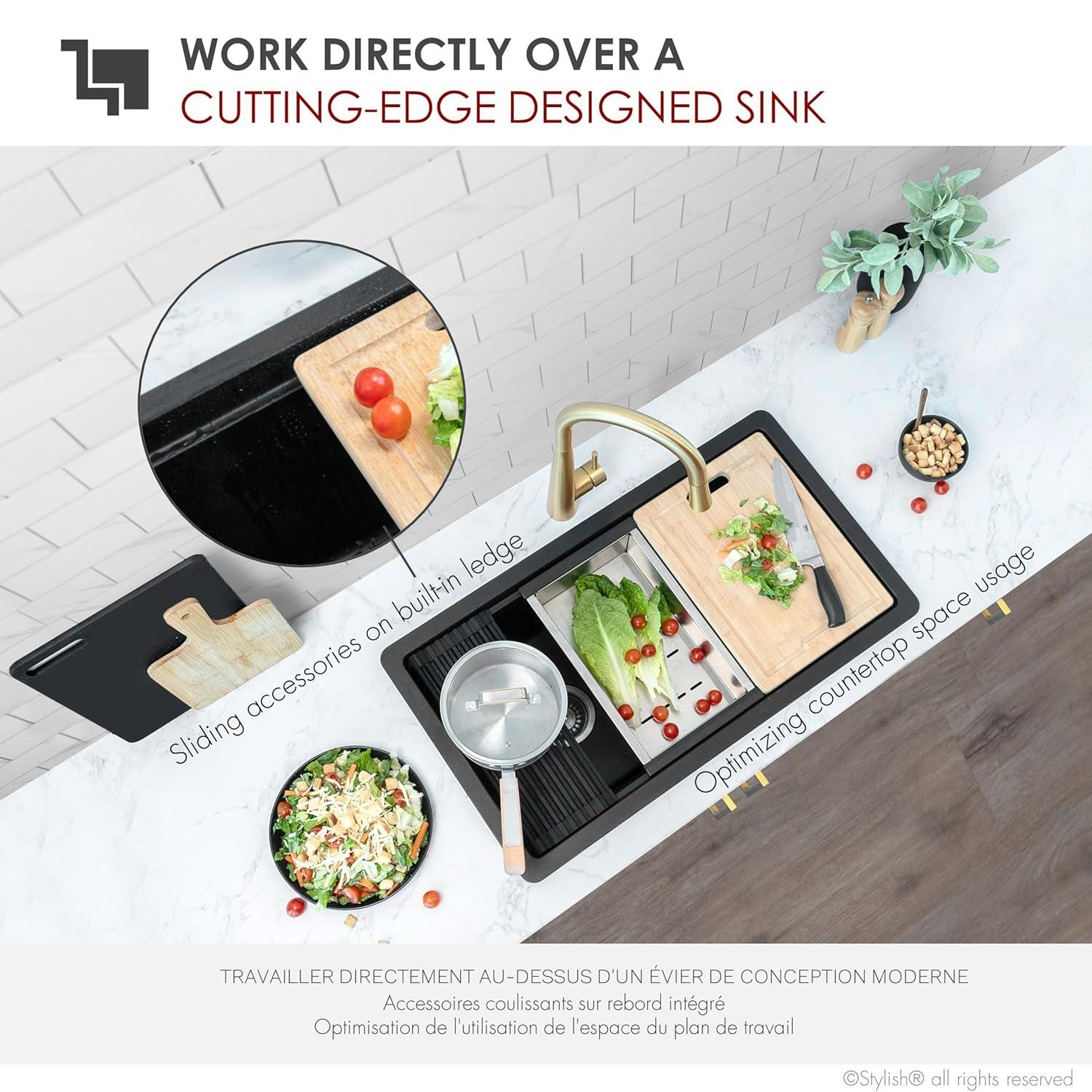 Black Granite Composite Single Bowl Drop-in Kitchen Sink with Accessories
