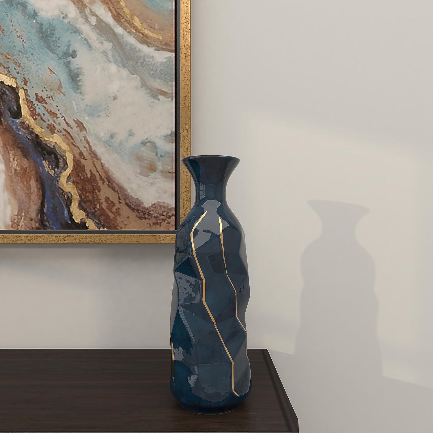 DecMode Blue Ceramic Modern and Coastal Vase 5"W x 15"H, featuring Minimalist Design with clean Lines and Angular Structures